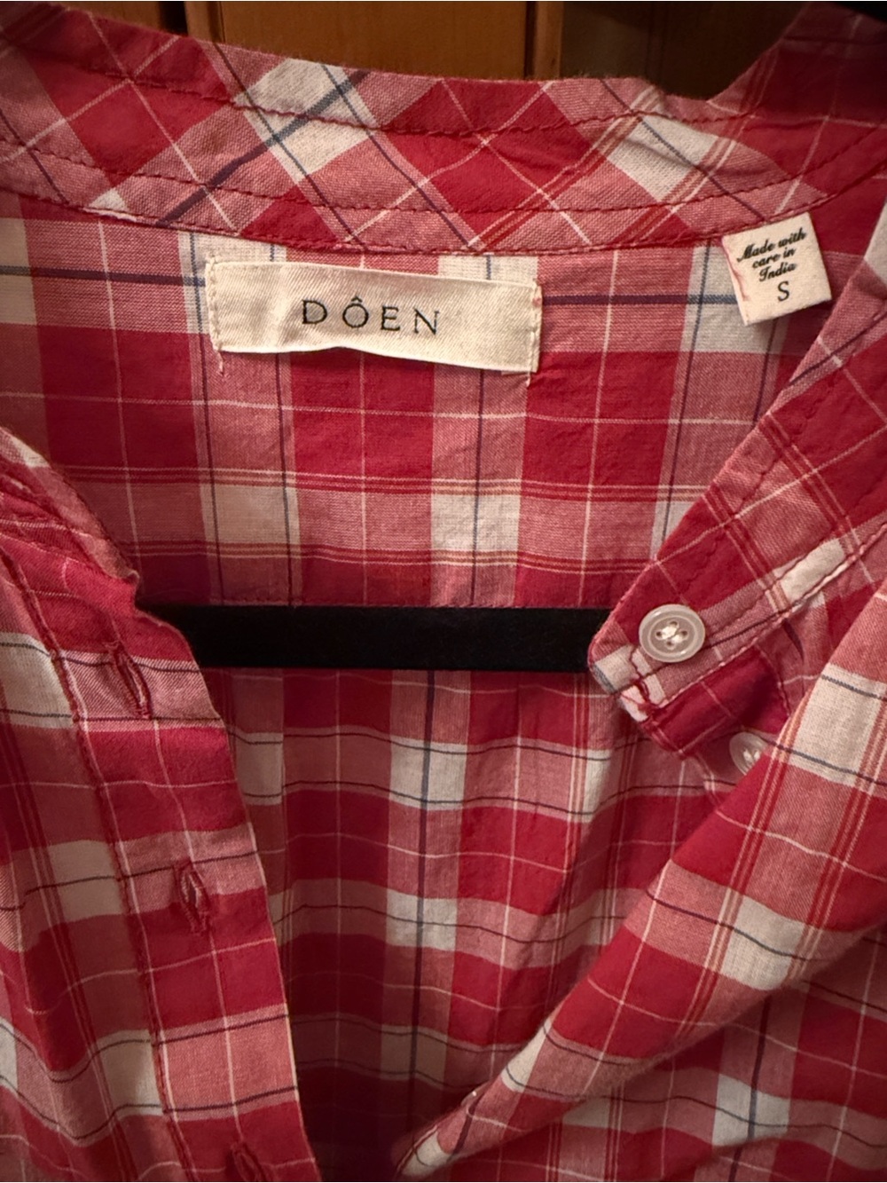 Doen Holde Cotton Button Long Sleeve Top Alsace Plaid Picnic Red White - Picture 4 of 4